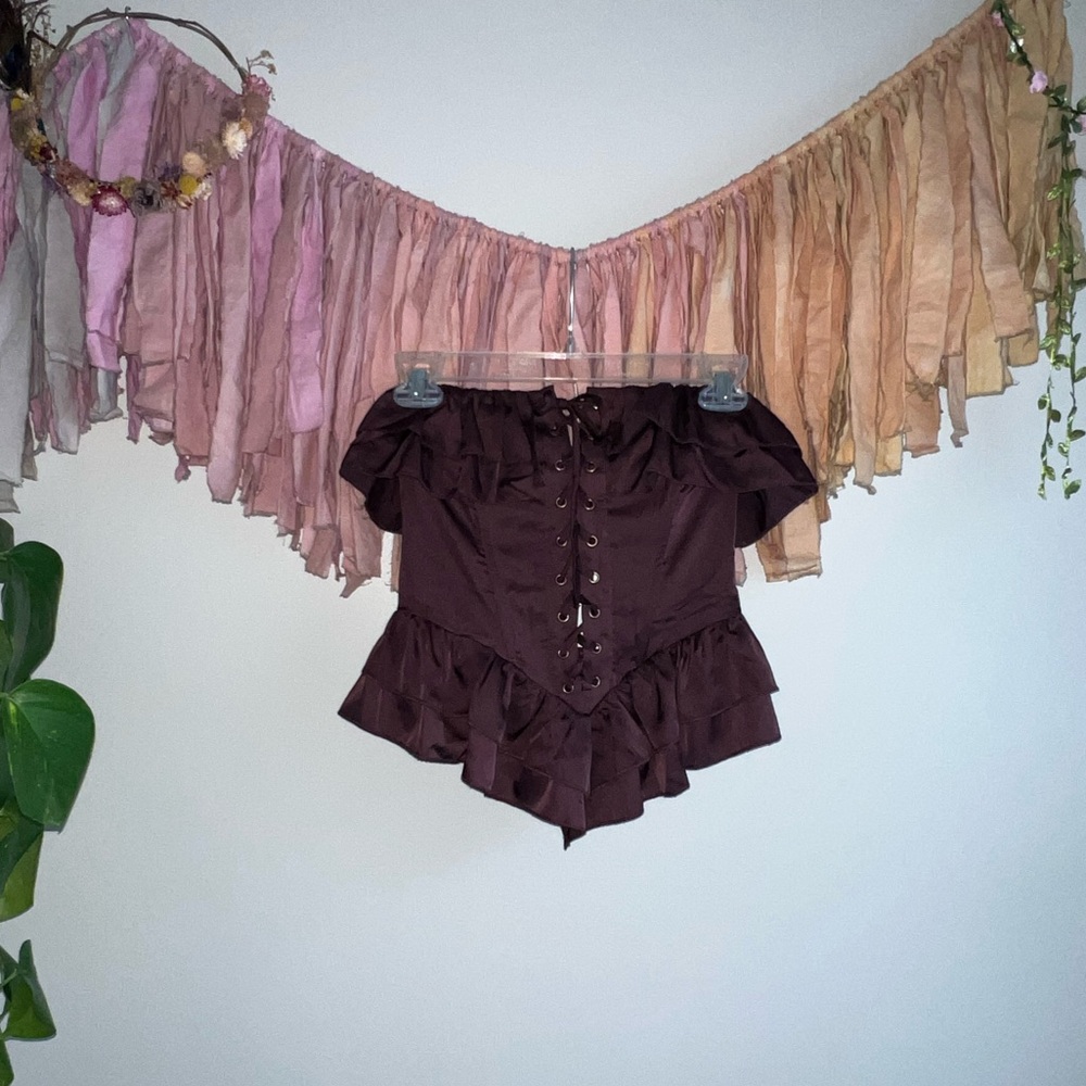 Forever 21 Corset Tie Peplum Ruffle Top Burgundy Brown SMALL